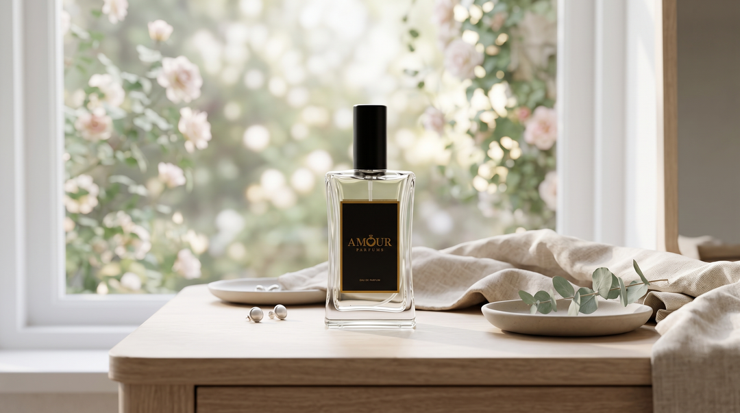 Bočica AMOUR Parfums na elegantnom toaletnom stolcu