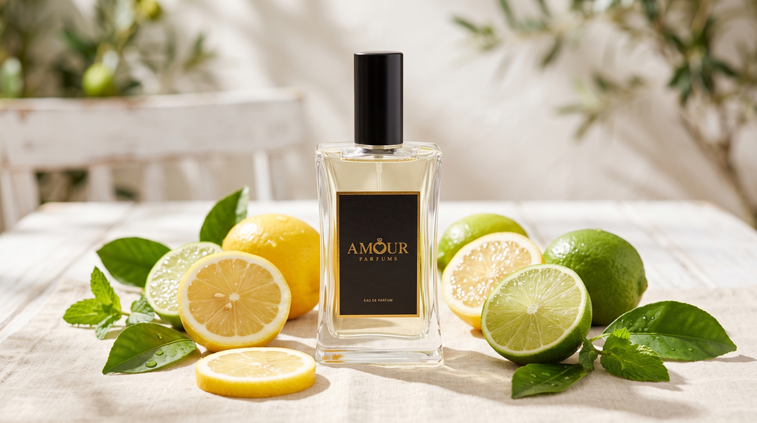 Bočica AMOUR Parfums sa svježim citrusima u ljetnom svjetlu